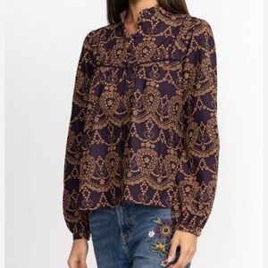 Johnny Was Sz M Navy/Plum & Gold  Elora Eyelet Blouse Pattern Blouse 100% Cotton